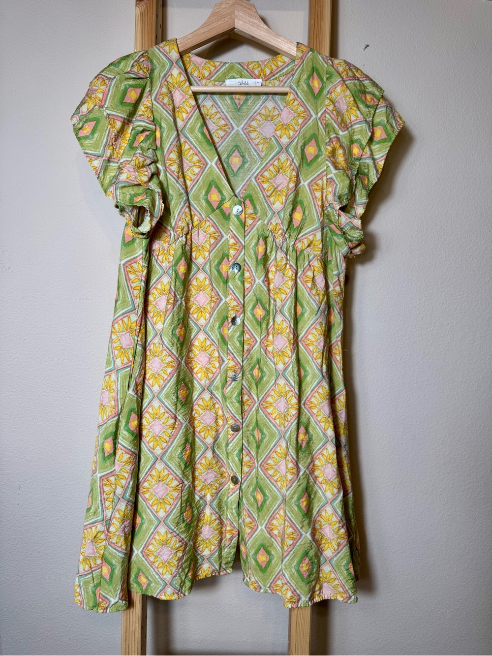 Talulah Evelyn Flutter Midi Dress Green Geometric Floral Boho Small